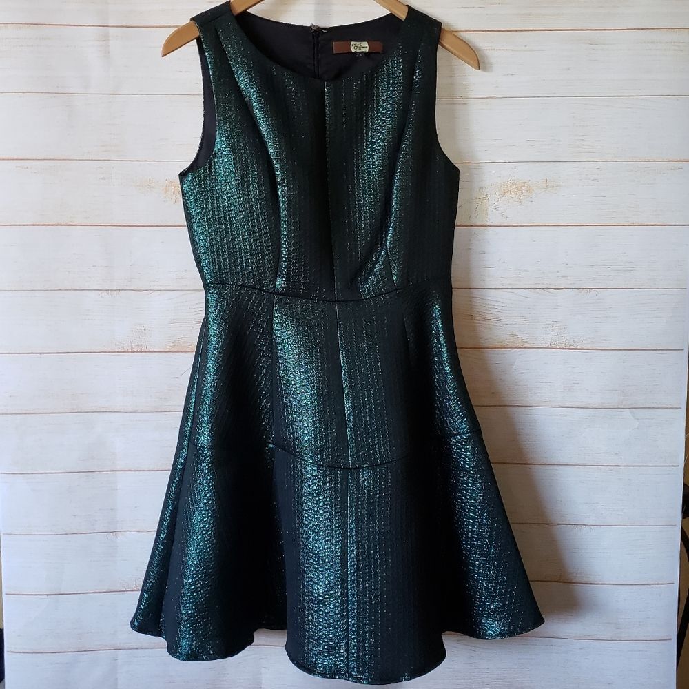 Eva Franco Fit & Flare Sleeveless Metallic Dress Green Black Women's Size 6